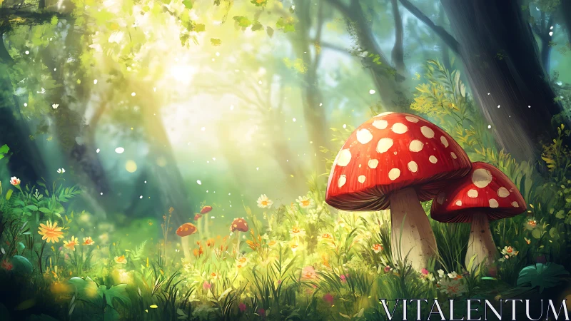 Sunlit forest clearing with fly agaric mushrooms and wildflowers