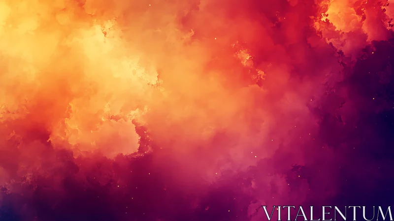 Glowing cosmic clouds in warm sunset nebula hues.