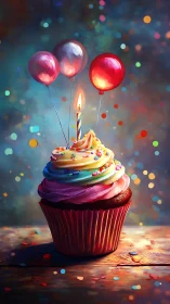 Magical Birthday Cupcake with Glowing Balloons.