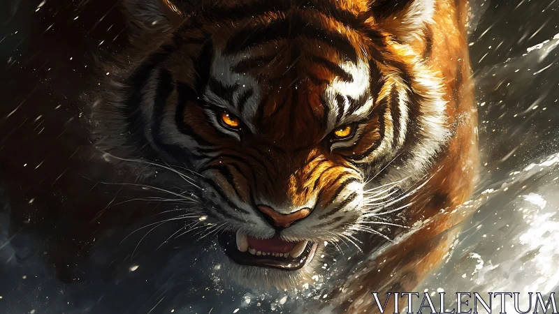 Predator eyes ignite as a storm-striding tiger splits water