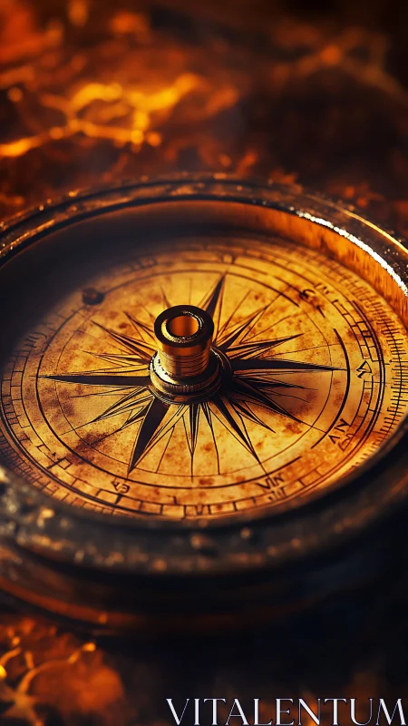Photorealistic brass compass with radial depth-of-field focus.