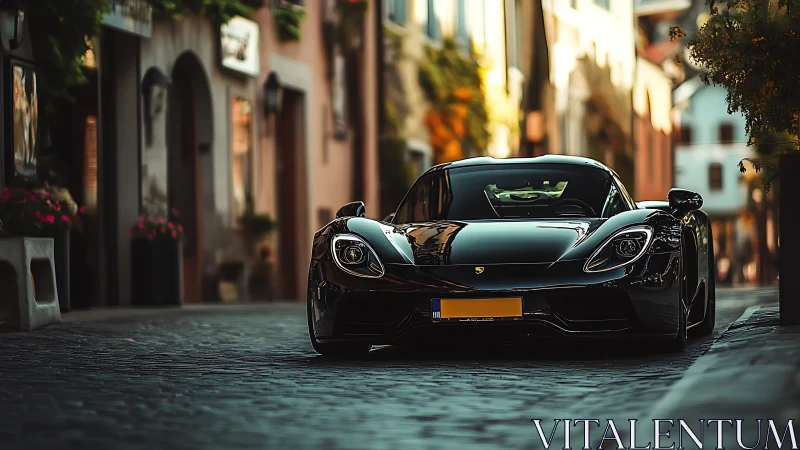 Black supercar on cobblestone street with warm bokeh light.