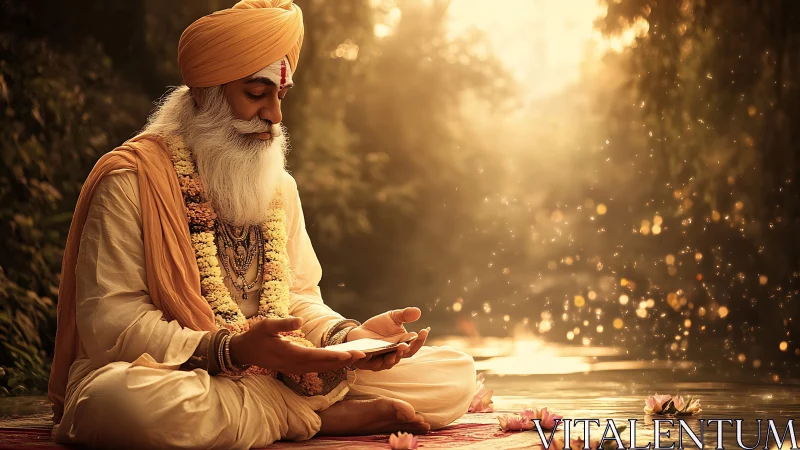 Meditative river mystic under volumetric sunset illumination.