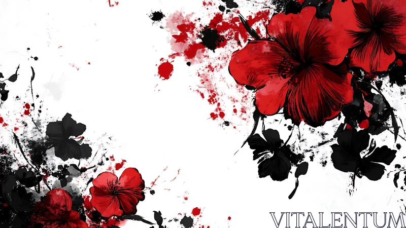 Red and Black Floral Composition with Expressive Ink Splatters.