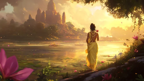 Backlit river pilgrim approaching luminous temple complex.