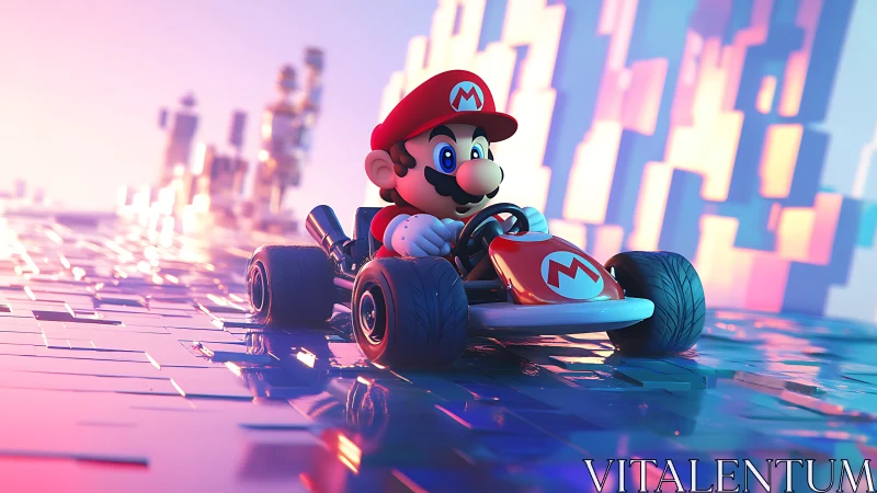 Kart-driving game character in reflective digital circuitscape.