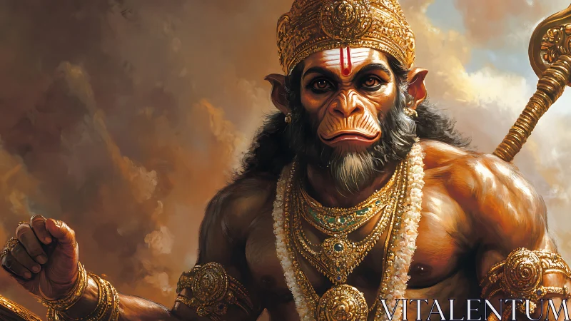 Hanuman deity portrait with golden armor and mace icon
