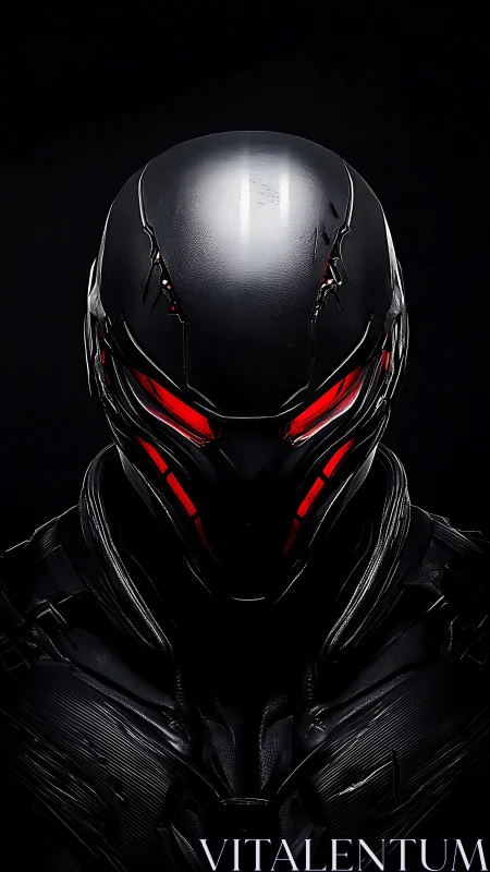 Midnight combat android with glowing red visor gaze.