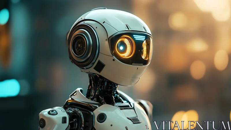 Futuristic service robot with glowing optical sensors in bokeh cityscape.
