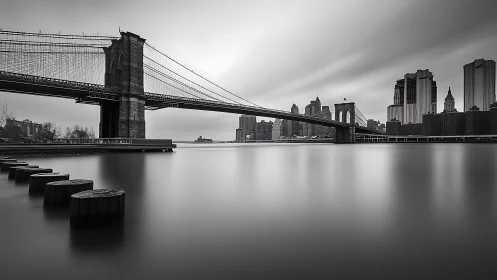 Brooklyn Bridge and skyline over calm long exposure water.