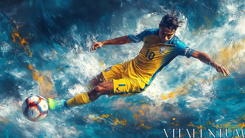 Dynamic slide tackle in abstract blue and gold motion field