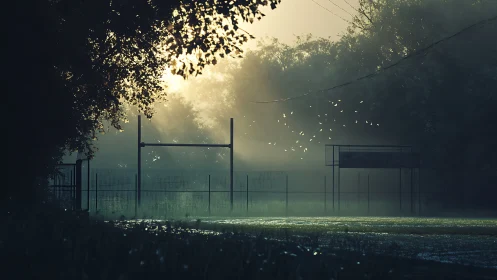 Quiet morning light over a misty field and gentle birds.