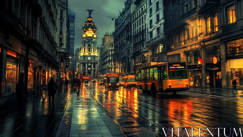 Rain-soaked city avenue with buses and illuminated facades.