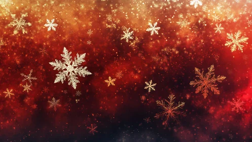 Luminous snowflakes drifting across warm red bokeh sky.