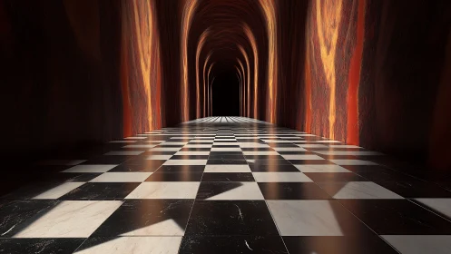 Checkerboard corridor receding into illuminated archway void.