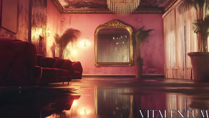 Moody pink lounge shimmers under a grand crystal chandelier