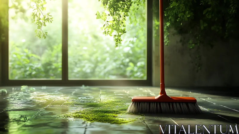 Orange broom on wet tiled floor with green moss growth.
