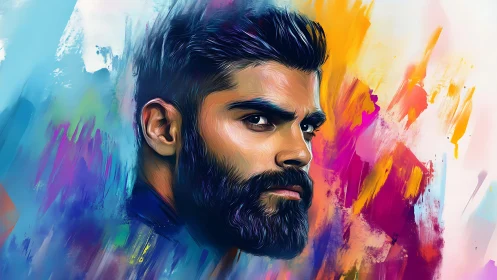 Bold bearded portrait wrapped in electric color swirls.