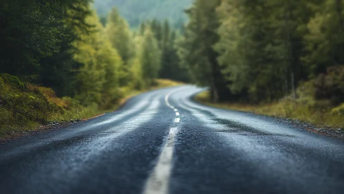 Wet Mountain Road Curves Through Dense Forest.