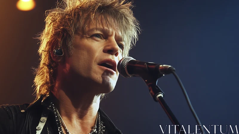 Rock vocalist in concert lighting with cardioid microphone focus.