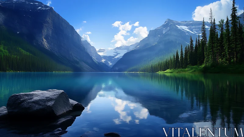 Glacial alpine lake mirror reflects conifer ridges and peaks