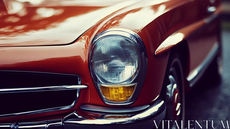 Sunlit close-up of a vintage red car&rsquo;s gleaming front end.