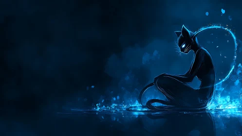 Cybernetic neon cat silhouette in luminescent blue void.
