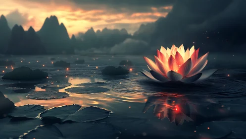 Glowing lotus illuminates misty mountain lake at dusk