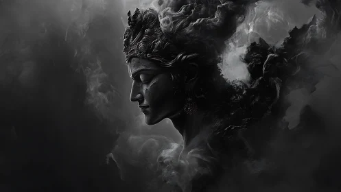 Monochrome side profile of sculptural figure in smoke.