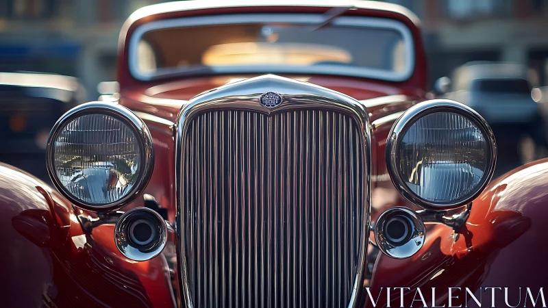 Photorealistic frontal study of a vintage red roadster grill.