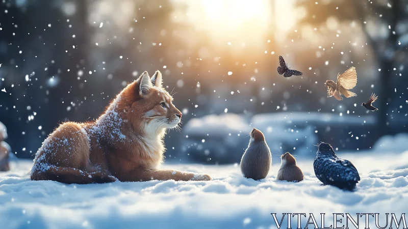 Winter fox quietly watches tiny birds and butterflies dance