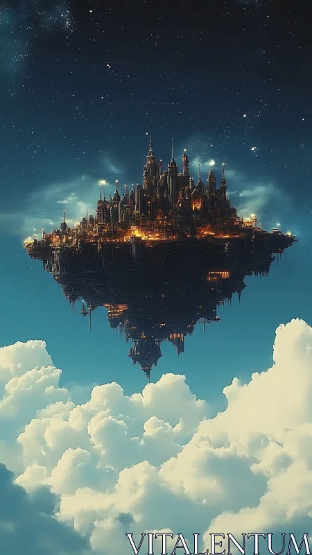 Starlit floating city glows gently above soft daylight clouds