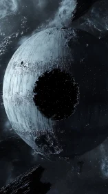 Colossal metal space sphere with dark central crater