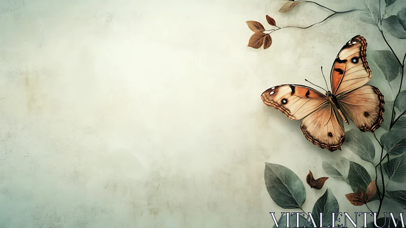 Soft-winged butterfly poised on muted botanical wall art.