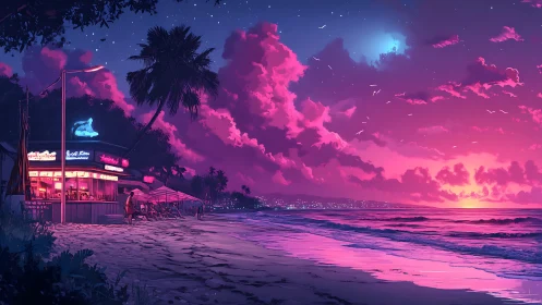 Neon beach café under vivid pink twilight sky.