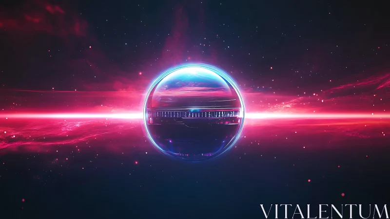 Glowing neon sphere intersects cosmic horizon in deep space