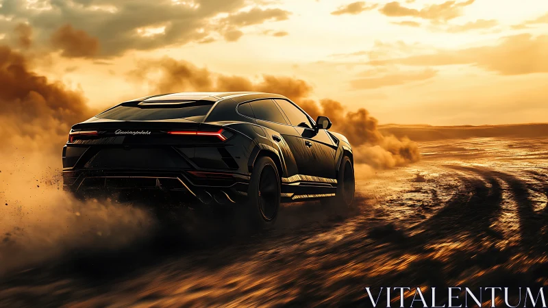 Luxury performance SUV powers across blazing desert trail.