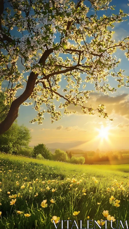 Golden spring meadow under a gentle sunrise glow.