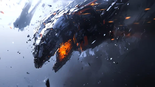 Futuristic mechanical beast emerging through debris.