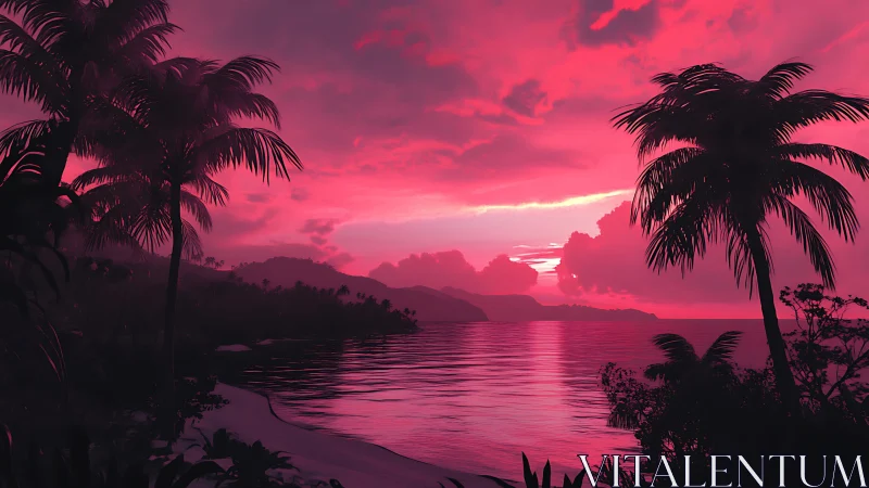 Coastal palm silhouettes stand before magenta-toned sky