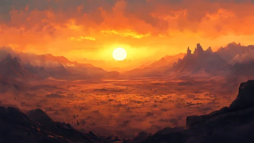 Sun dominates a vast orange desert valley at sunset