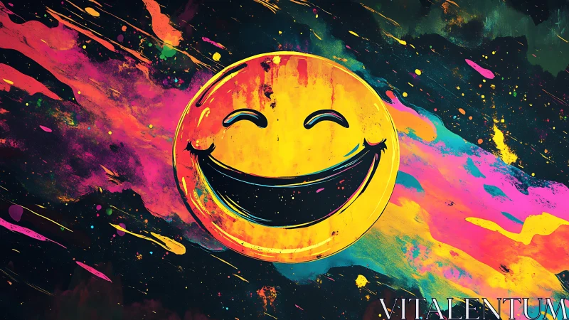 Neon smiley face on cosmic paint-splatter background, high saturation