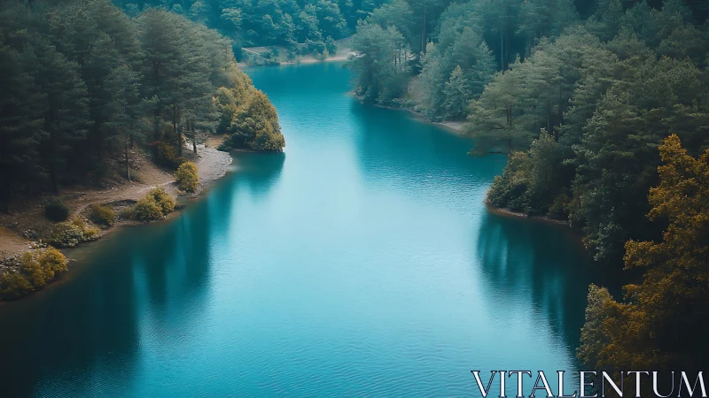 Tranquil turquoise river winds through dense autumn forest