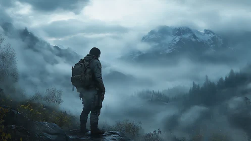Lone wanderer gazes over misty mountain valley at dawn