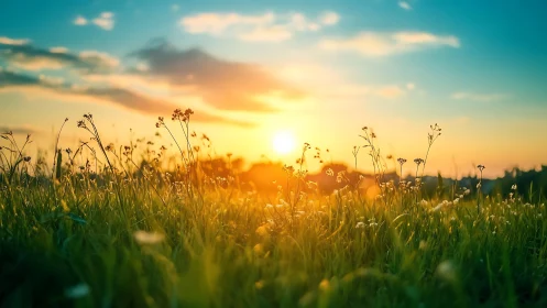 Sunlit wildflower meadow lies under low evening sun glow