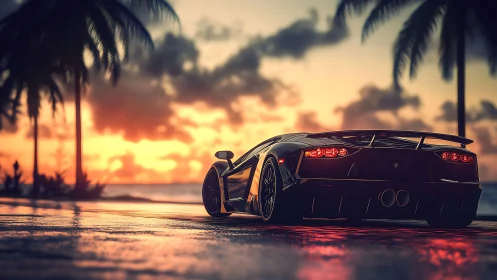 Supercar silhouette cuts neon reflections under tropical sunset.