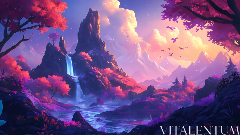Vibrant fantasy valley shows waterfalls beneath glowing peaks