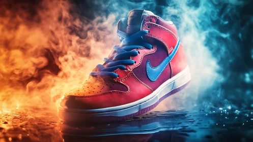 Vibrant red sneaker amid dramatic fire and ice smoke.