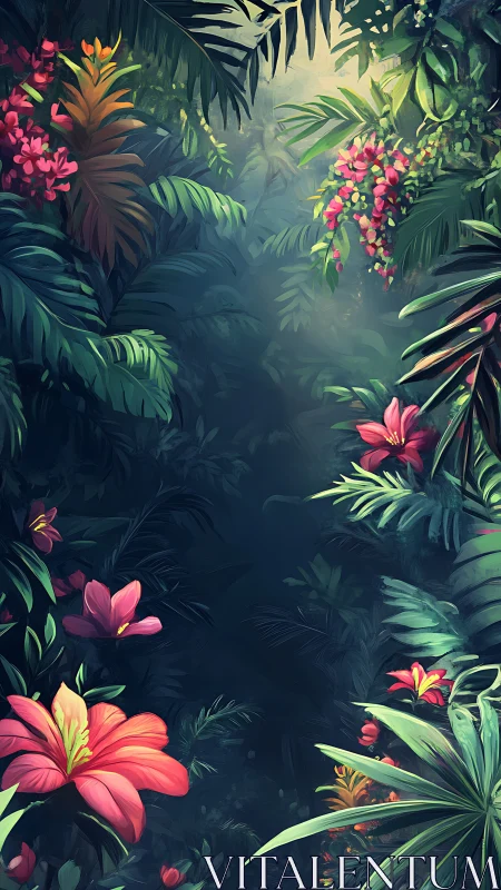 Lush tropical jungle corridor renders vibrant floral depth