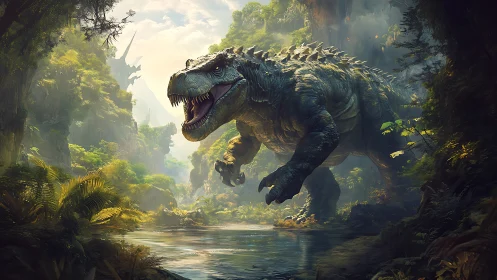 Gigantic reptilian predator strides through dense, mist-lit jungle canyon
